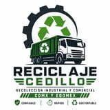 Reciclaje Cedillo logo featuring a garbage truck with recycling symbols and gear