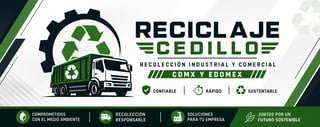 Reciclaje Cedillo logo with green recycling symbol, gear, and collection truck