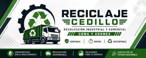 Reciclaje Cedillo logo with green recycling symbol, gear, and collection truck
